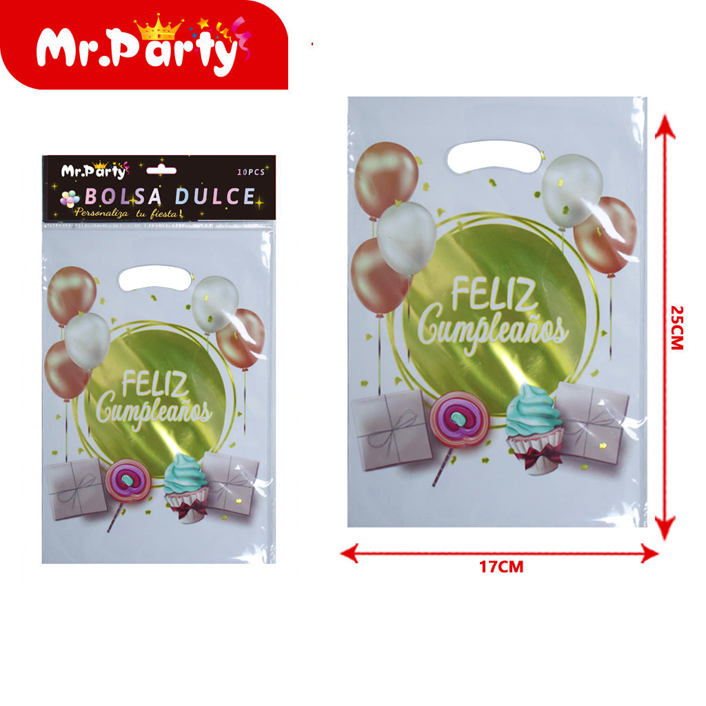 Bolsas para dulces de feliz cumpleaños con asa 17×25 cm (paquete con 10) | Mr. Party V1