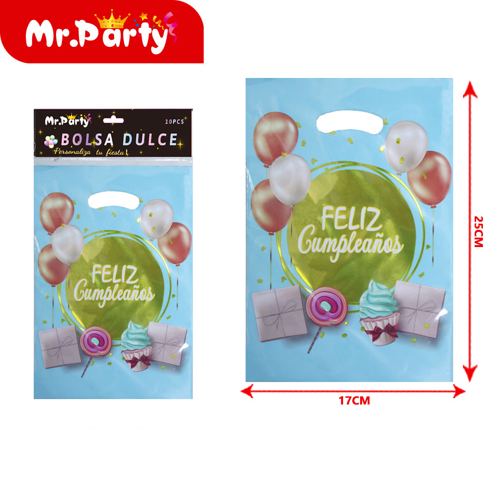 Bolsas para dulces de feliz cumpleaños con asa 17×25 cm (paquete con 10) | Mr. Party V1