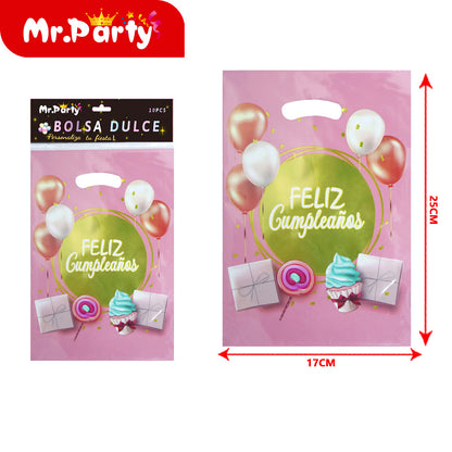 Bolsas para dulces de feliz cumpleaños con asa 17×25 cm (paquete con 10) | Mr. Party V1