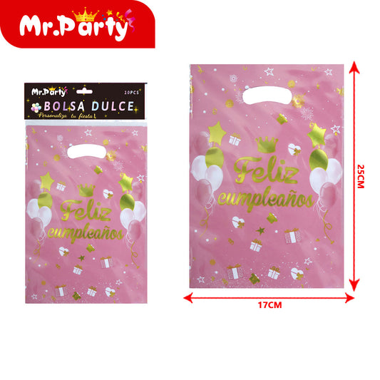 Bolsas para dulces de feliz cumpleaños con asa 17×25 cm (paquete con 10) | Mr. Party V2