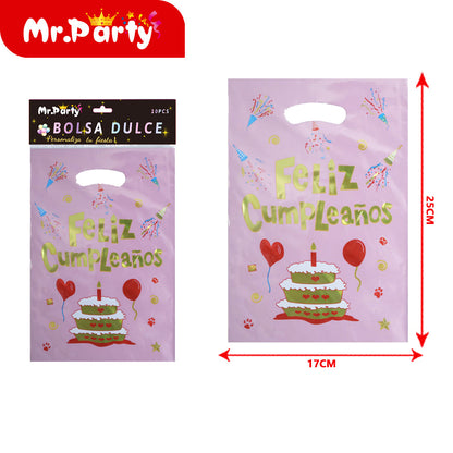 Bolsas para dulces de feliz cumpleaños con asa 17×25 cm (paquete con 10) | Mr. Party V2