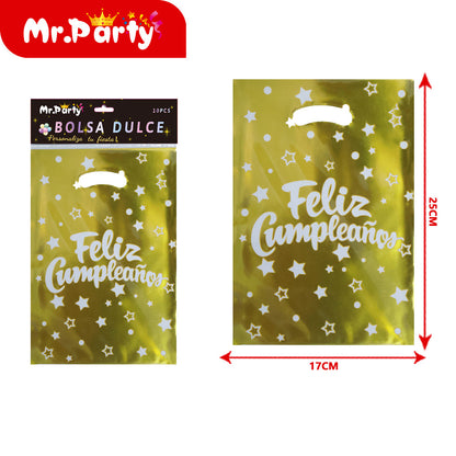 Bolsas para dulces de feliz cumpleaños con asa 17×25 cm (paquete con 10) | Mr. Party V2