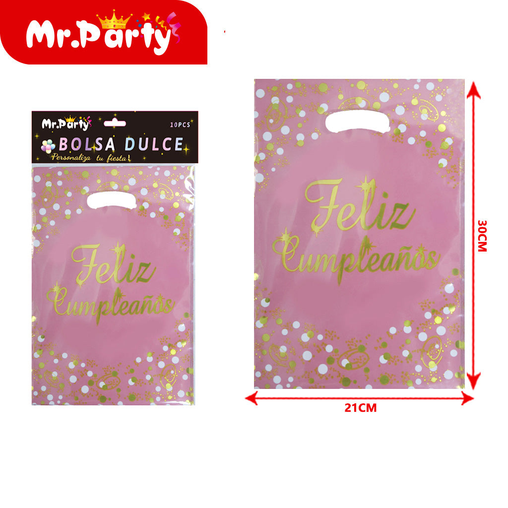 Bolsas para dulces de feliz cumpleaños con asa 17×25 cm (paquete con 10) | Mr. Party V3