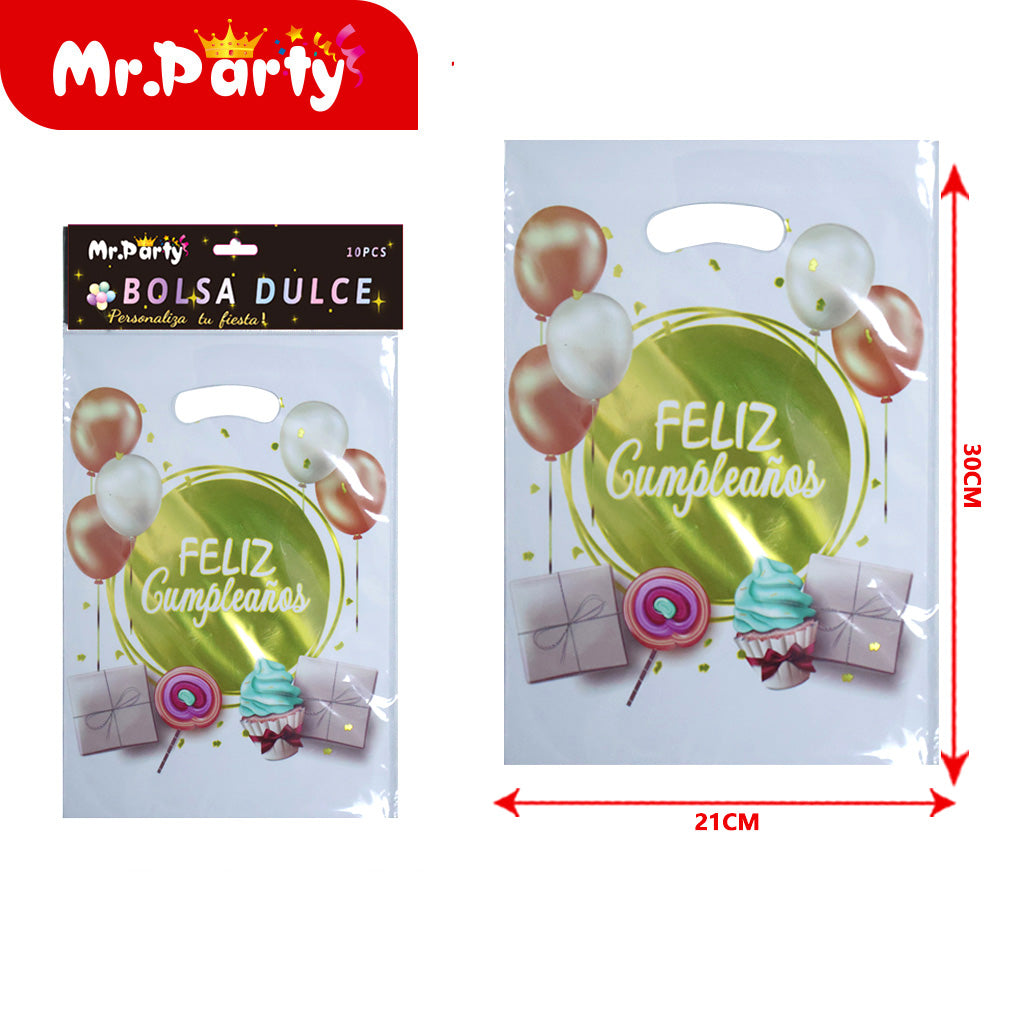 Bolsas para dulces de feliz cumpleaños con asa 17×25 cm (paquete con 10) | Mr. Party V3