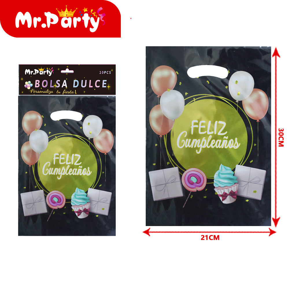 Bolsas para dulces de feliz cumpleaños con asa 17×25 cm (paquete con 10) | Mr. Party V3