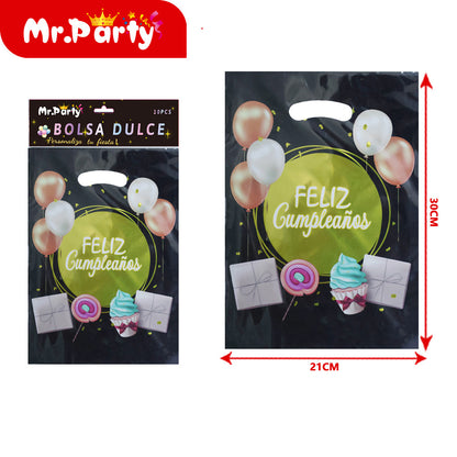 Bolsas para dulces de feliz cumpleaños con asa 17×25 cm (paquete con 10) | Mr. Party V3