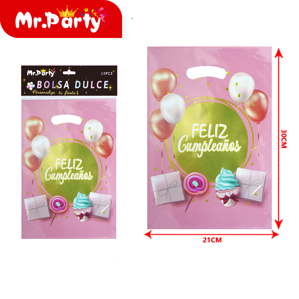Bolsas para dulces de feliz cumpleaños con asa 17×25 cm (paquete con 10) | Mr. Party V3