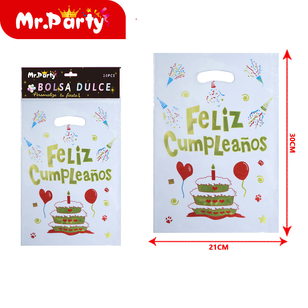 Bolsas para dulces de feliz cumpleaños con asa 17×25 cm (paquete con 10) | Mr. Party V4