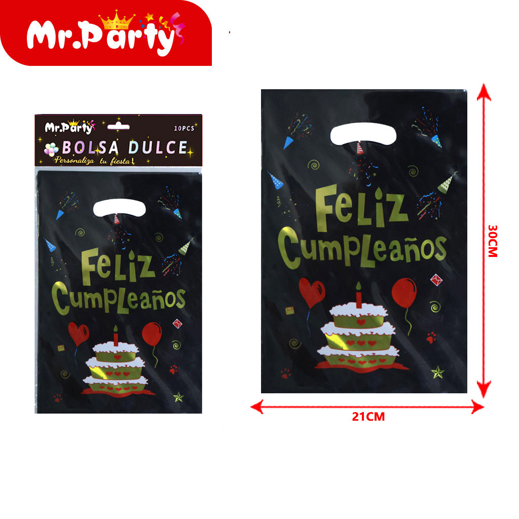 Bolsas para dulces de feliz cumpleaños con asa 17×25 cm (paquete con 10) | Mr. Party V4