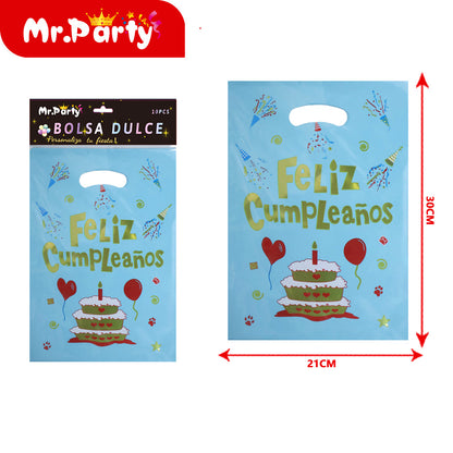 Bolsas para dulces de feliz cumpleaños con asa 17×25 cm (paquete con 10) | Mr. Party V4