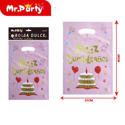 Bolsas para dulces de feliz cumpleaños con asa 17×25 cm (paquete con 10) | Mr. Party V4