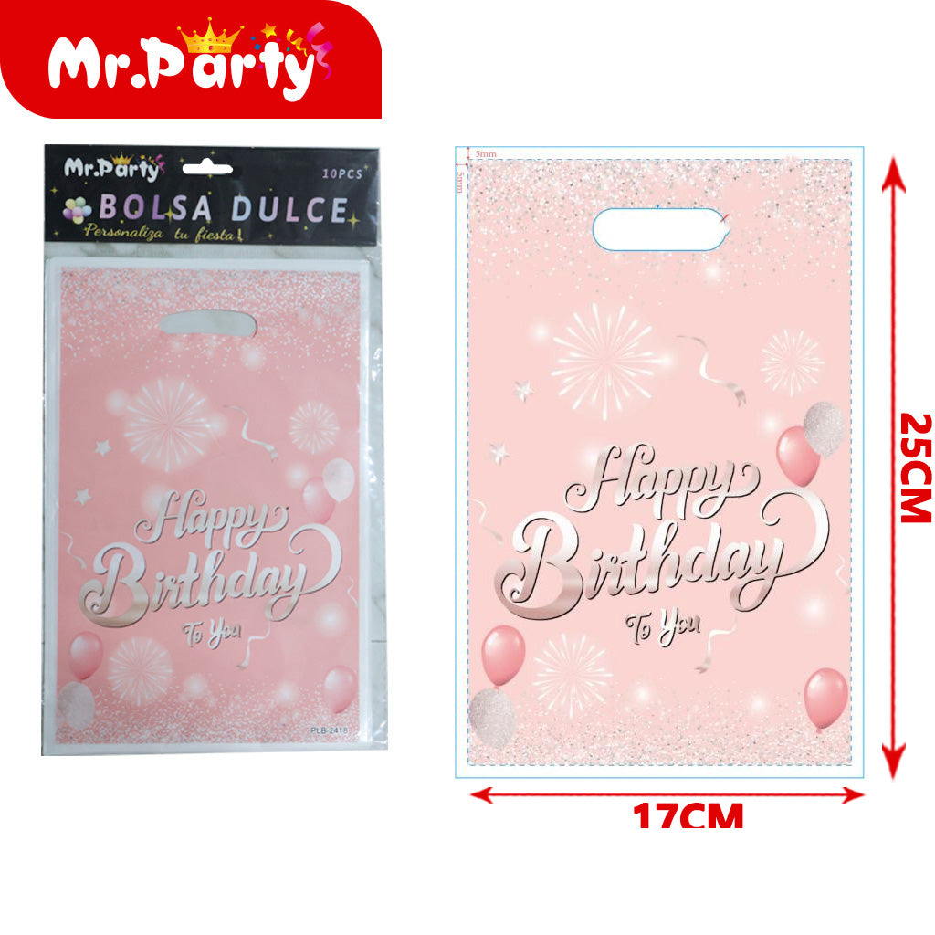 Bolsas para dulces de feliz cumpleaños con asa 17×25 cm (paquete con 10) | Mr. Party V6