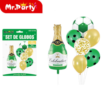 🎈✨ Set de Globos para Fiesta Mr. Party | Fútbol ⚽ + Brindis 🍾🍻 (Mylar + Latex) 🖤💛💚- Mayoreo 12 pzas