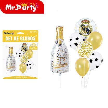 🎈✨ Set de Globos para Fiesta Mr. Party | Fútbol ⚽ + Brindis 🍾🍻 (Mylar + Latex) 🖤💛💚