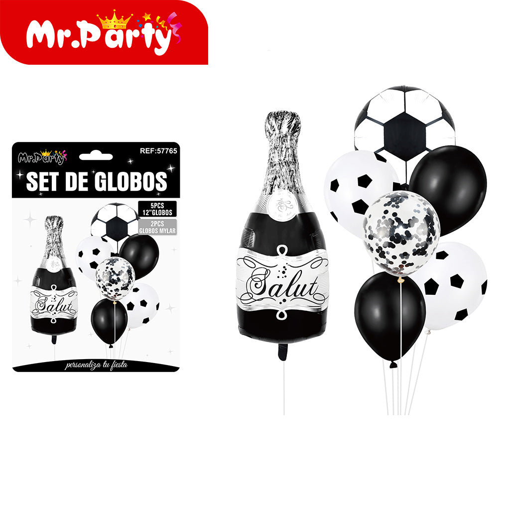 🎈✨ Set de Globos para Fiesta Mr. Party | Fútbol ⚽ + Brindis 🍾🍻 (Mylar + Latex) 🖤💛💚