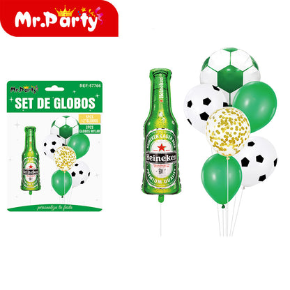 🎈✨ Set de Globos para Fiesta Mr. Party | Fútbol ⚽ + Brindis 🍾🍻 (Mylar + Latex) 🖤💛💚- Mayoreo 12 pzas
