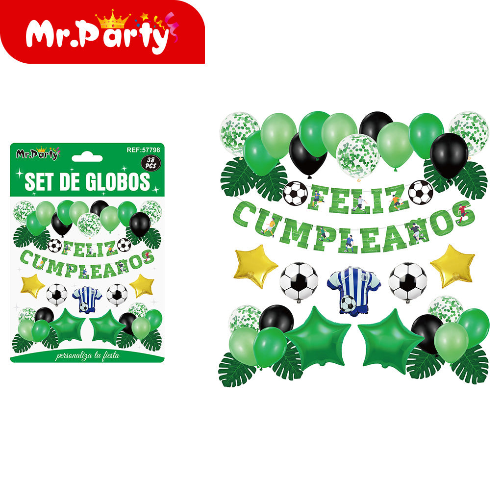🎉⚽ Kit Decoración Cumpleaños Futbolero | Set de Globos + Guirnalda “Feliz Cumpleaños” + Backdrop | Verde/Negro/Oro