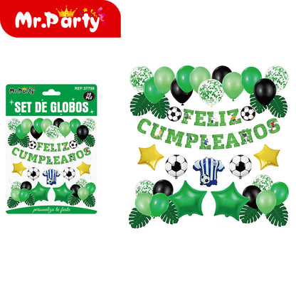 🎉⚽ Kit Decoración Cumpleaños Futbolero | Set de Globos + Guirnalda “Feliz Cumpleaños” + Backdrop | Verde/Negro/Oro Mayoreo 6 o 12 pzas