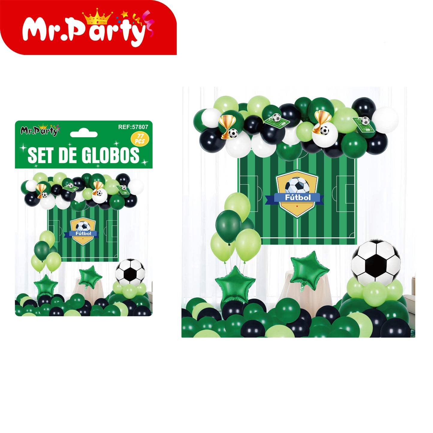 🎉⚽ Kit Decoración Cumpleaños Futbolero | Set de Globos + Guirnalda “Feliz Cumpleaños” + Backdrop | Verde/Negro/Oro Mayoreo 6 o 12 pzas