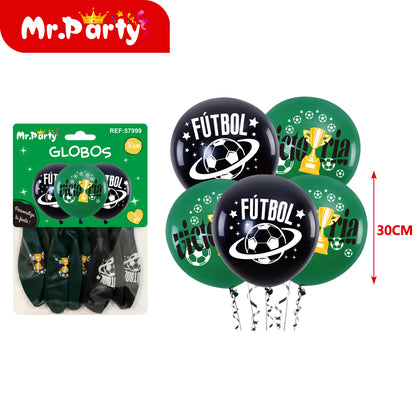 🎈✨ Set de Globos para Fiesta Mr. Party | Fútbol ⚽ + Brindis 🍾🍻 (Mylar + Latex) 🖤💛💚- Mayoreo 12 pzas