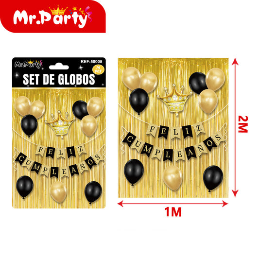 Kit Decoración Cumpleaños 🎉 | Cortina Metálica 2x1m + Globos + Banner “Feliz Cumpleaños” (Varios Colores)
