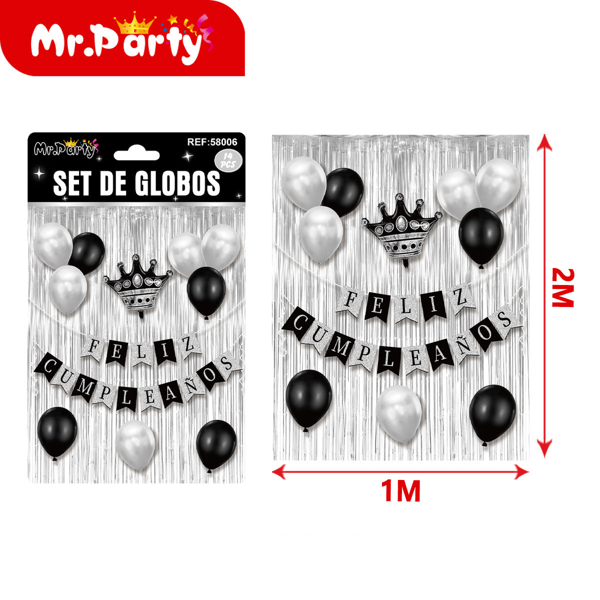 Kit Decoración Cumpleaños 🎉 | Cortina Metálica 2x1m + Globos + Banner “Feliz Cumpleaños” (Varios Colores)