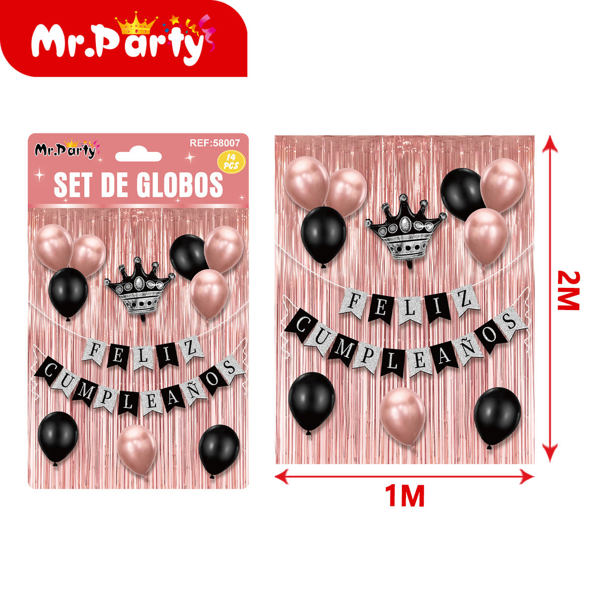 Kit Decoración Cumpleaños 🎉 | Cortina Metálica 2x1m + Globos + Banner “Feliz Cumpleaños” (Varios Colores)