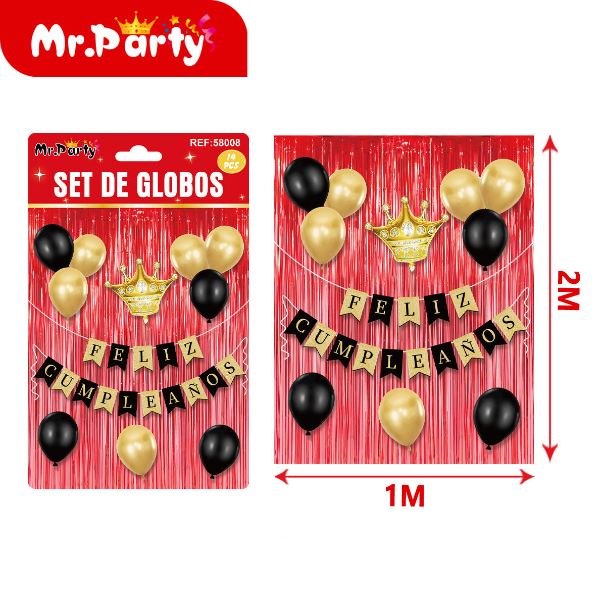 Kit Decoración Cumpleaños 🎉 | Cortina Metálica 2x1m + Globos + Banner “Feliz Cumpleaños” (Varios Colores)
