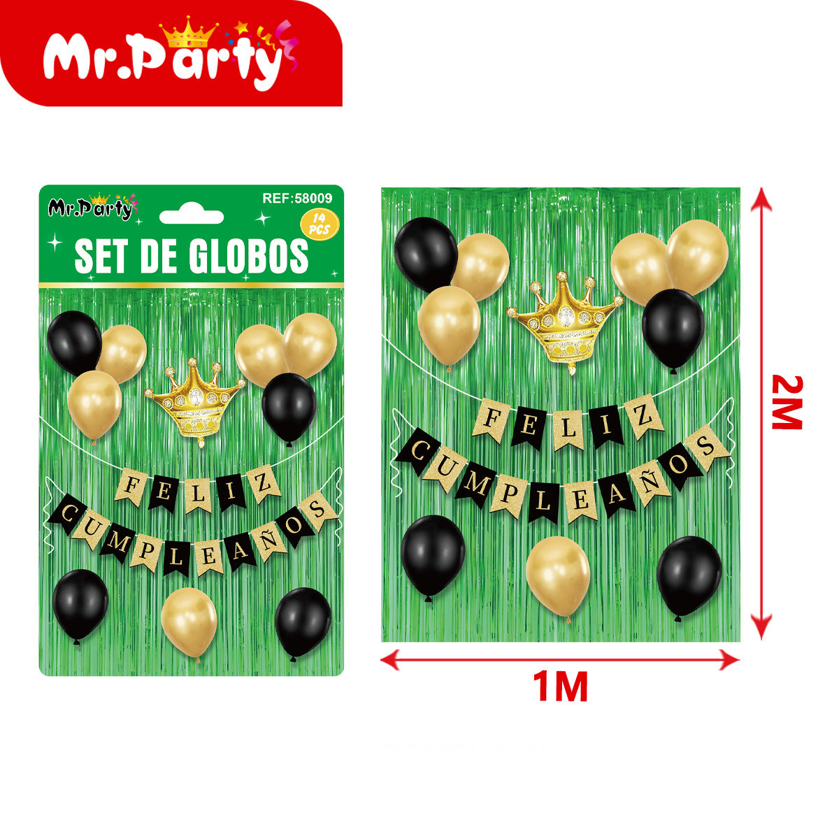 Kit Decoración Cumpleaños 🎉 | Cortina Metálica 2x1m + Globos + Banner “Feliz Cumpleaños” (Varios Colores)