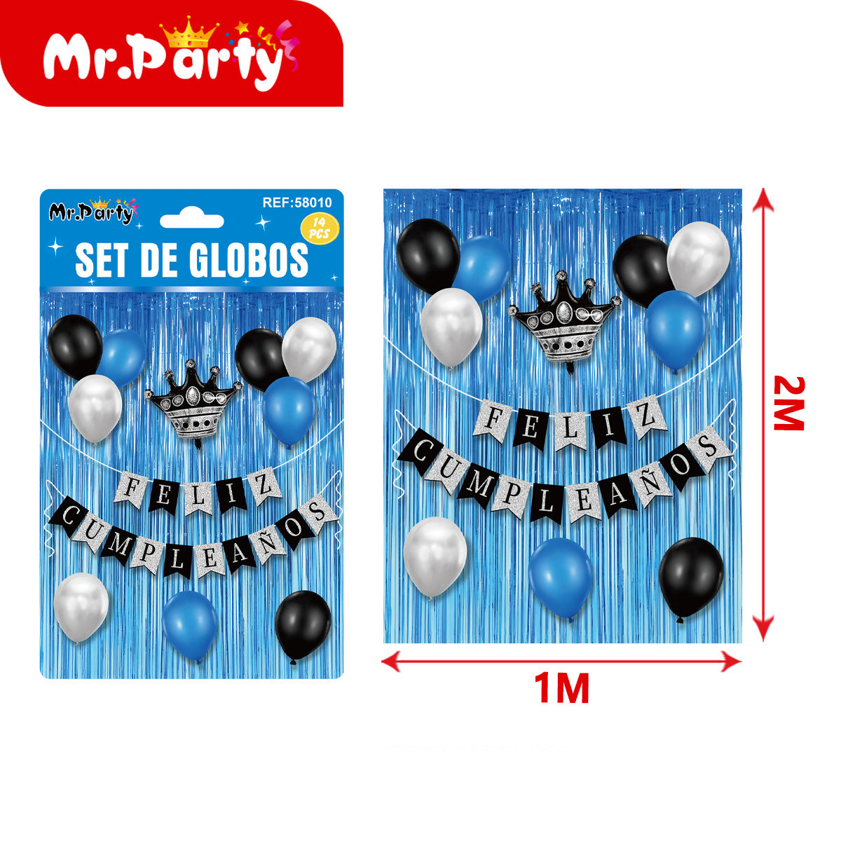 Kit Decoración Cumpleaños 🎉 | Cortina Metálica 2x1m + Globos + Banner “Feliz Cumpleaños” (Varios Colores)