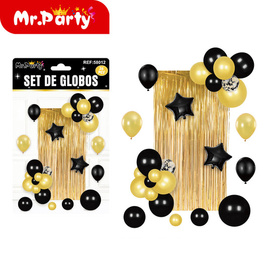 Kit Decoración Fiesta con Cortina Metálica + Globos (36 pzs) | Fondo para Fotos 🎈✨