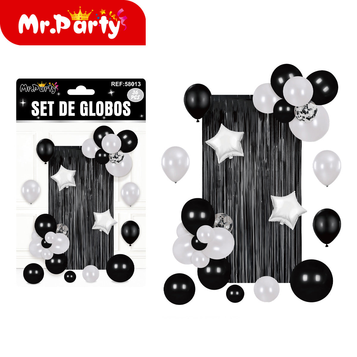 Kit Decoración Fiesta con Cortina Metálica + Globos (36 pzs) | Fondo para Fotos 🎈✨