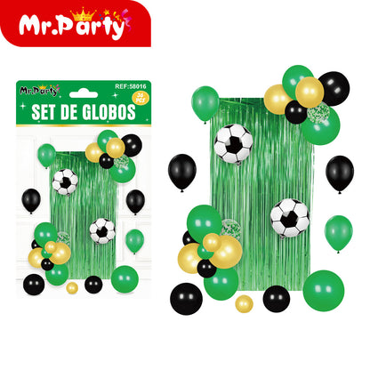 🎉⚽ Kit Decoración Cumpleaños Futbolero | Set de Globos + Guirnalda “Feliz Cumpleaños” + Backdrop | Verde/Negro/Oro Mayoreo 6 o 12 pzas
