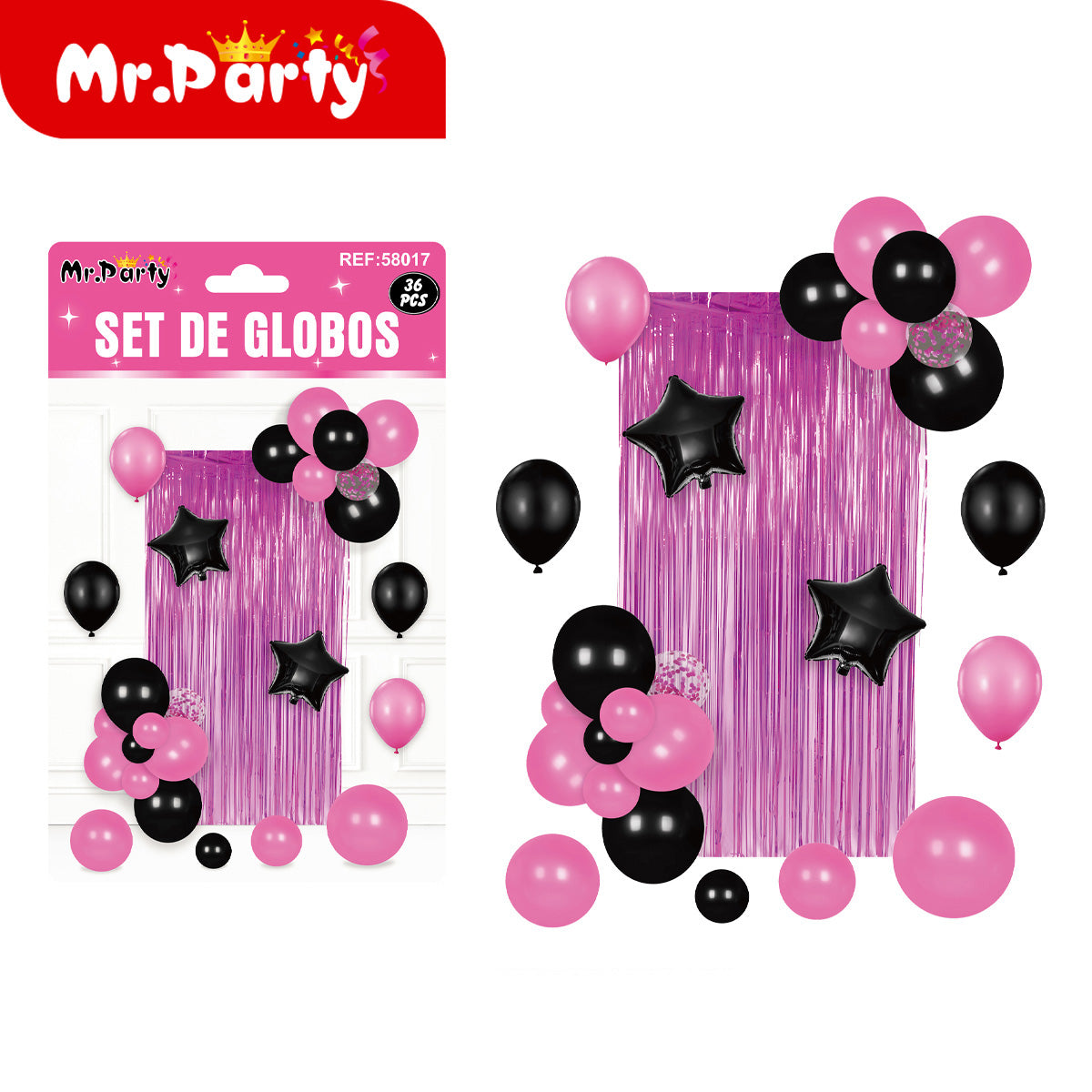 Kit Decoración Fiesta con Cortina Metálica + Globos (36 pzs) | Fondo para Fotos 🎈✨