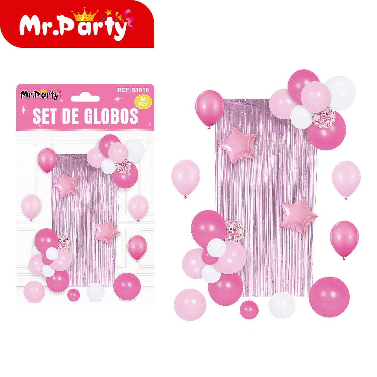 Kit Decoración Fiesta con Cortina Metálica + Globos (36 pzs) | Fondo para Fotos 🎈✨
