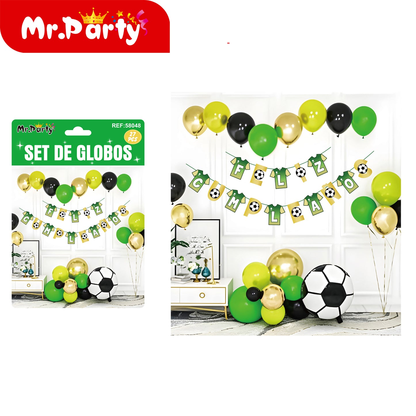 🎉⚽ Kit Decoración Cumpleaños Futbolero | Set de Globos + Guirnalda “Feliz Cumpleaños” + Backdrop | Verde/Negro/Oro Mayoreo 6 o 12 pzas