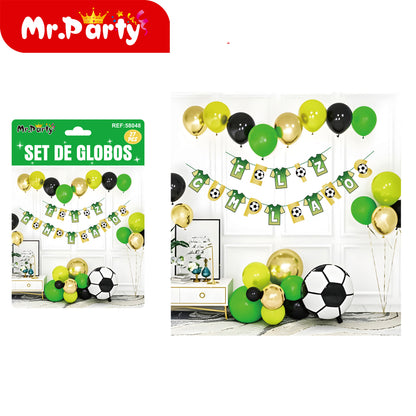 🎉⚽ Kit Decoración Cumpleaños Futbolero | Set de Globos + Guirnalda “Feliz Cumpleaños” + Backdrop | Verde/Negro/Oro Mayoreo 6 o 12 pzas