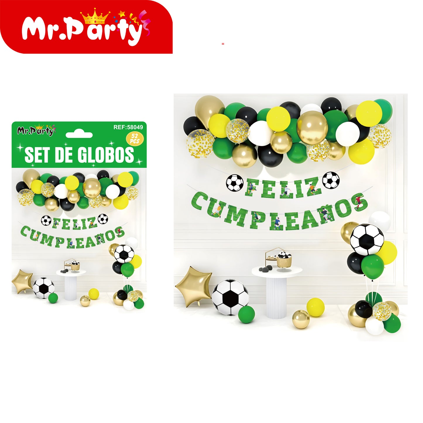 🎉⚽ Kit Decoración Cumpleaños Futbolero | Set de Globos + Guirnalda “Feliz Cumpleaños” + Backdrop | Verde/Negro/Oro Mayoreo 6 o 12 pzas