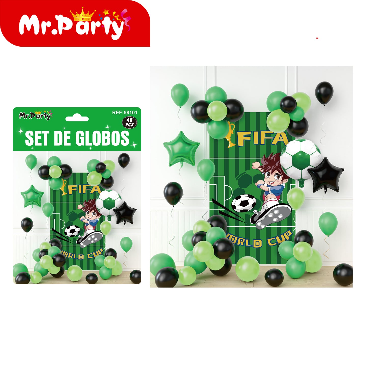 🎉⚽ Kit Decoración Cumpleaños Futbolero | Set de Globos + Guirnalda “Feliz Cumpleaños” + Backdrop | Verde/Negro/Oro Mayoreo 6 o 12 pzas