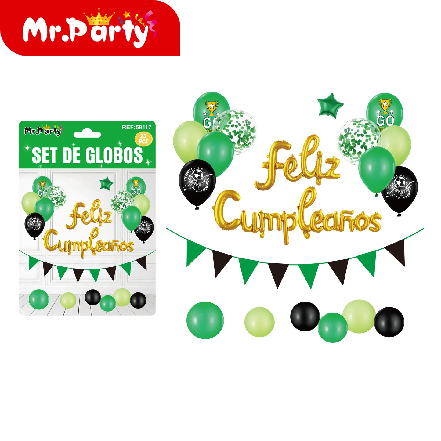⚽🎈 Kit Decoración Cumpleaños Fútbol | Sets de Globos + Guirnalda “Feliz Cumpleaños” (Variantes)