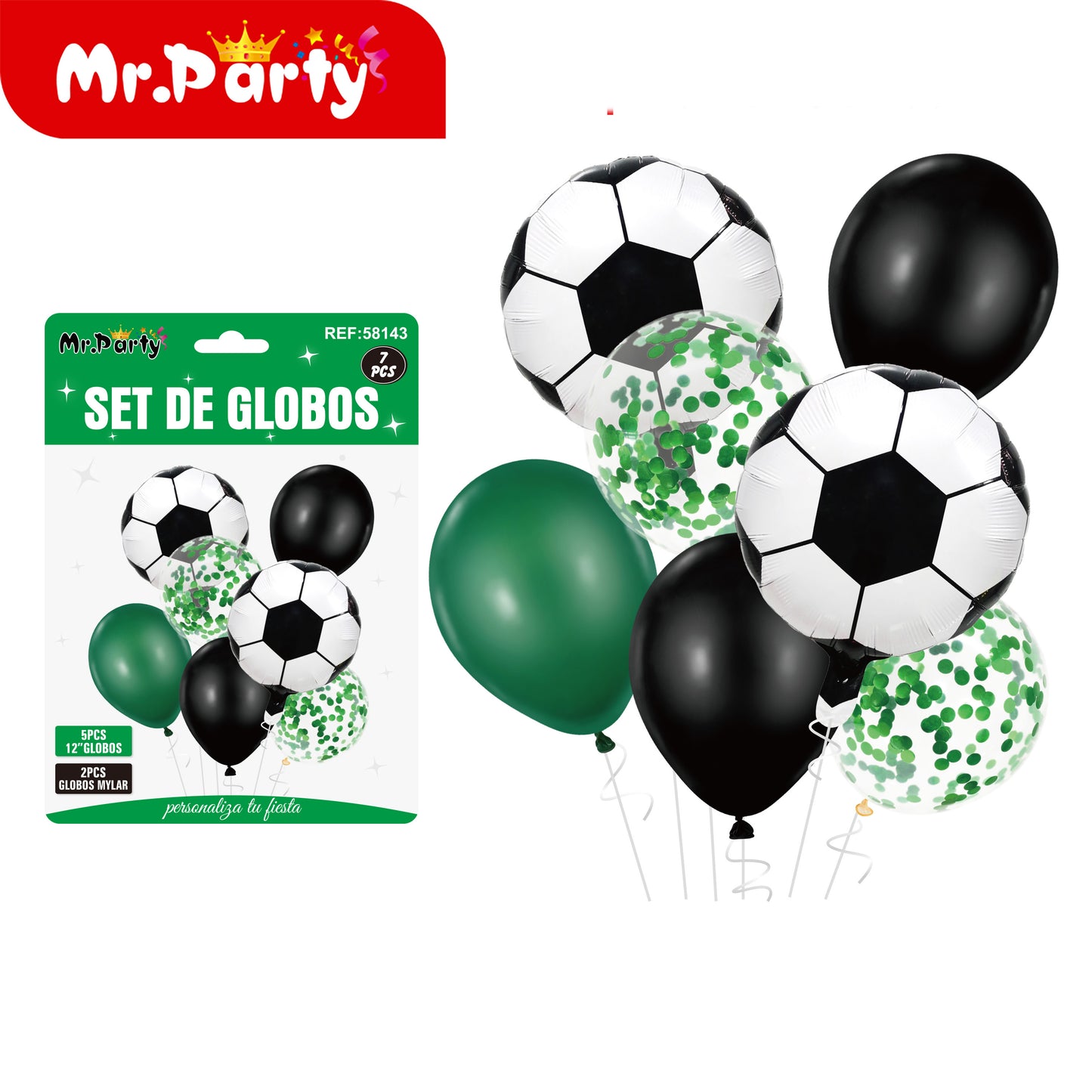 🏆⚽ Set de Globos Fútbol Mr. Party | Trofeo Campeón #1 + Balón + Arco “Feliz Cumpleaños” 🎈💚🖤✨