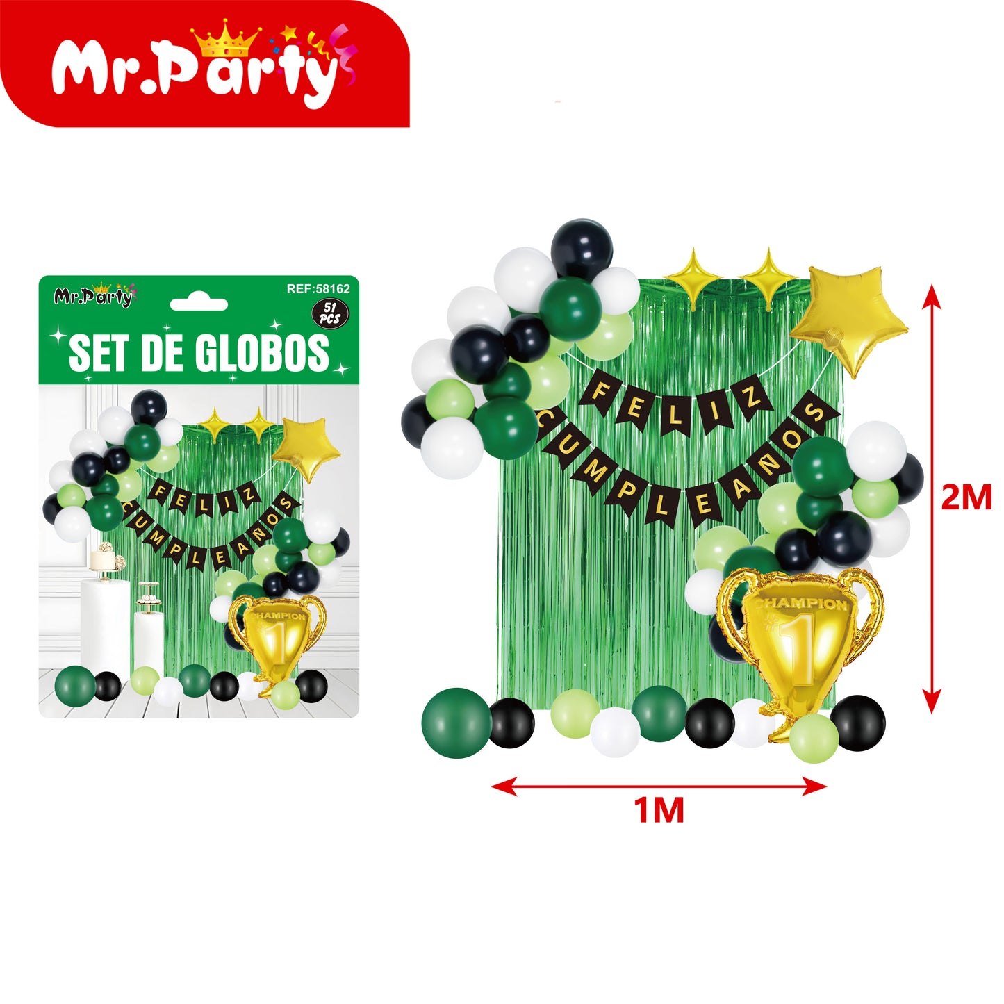 🎉⚽ Kit Decoración Cumpleaños Futbolero | Set de Globos + Guirnalda “Feliz Cumpleaños” + Backdrop | Verde/Negro/Oro Mayoreo 6 o 12 pzas