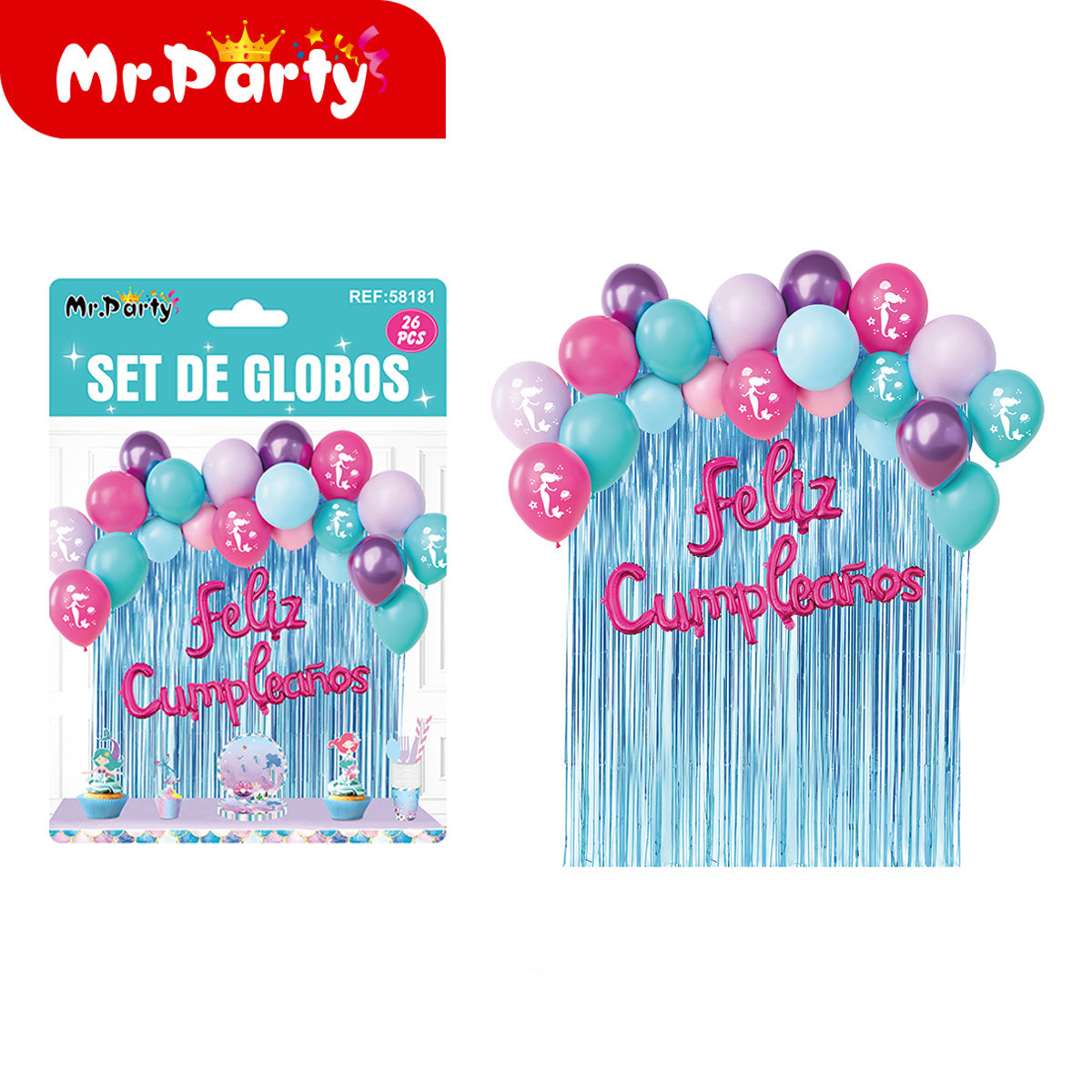 Kit Decoración de Cumpleaños con Globos + Cortina Metalizada + “Feliz Cumpleaños” | Set de Globos Mr. Party- Mayoreo 6 pzas
