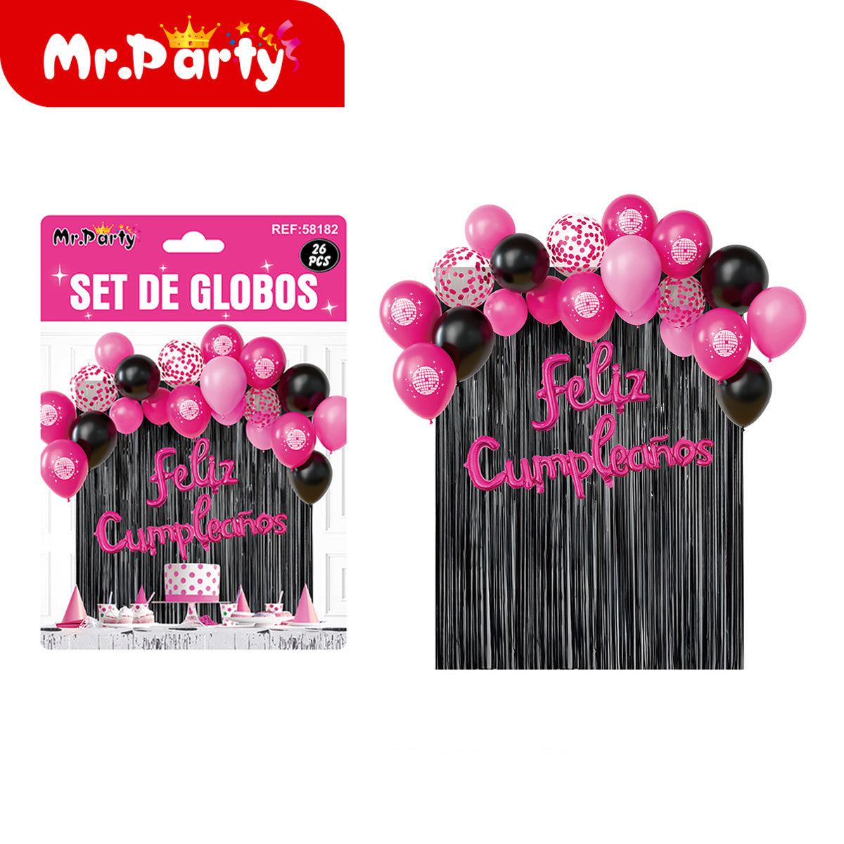 Kit Decoración de Cumpleaños con Globos + Cortina Metalizada + “Feliz Cumpleaños” | Set de Globos Mr. Party