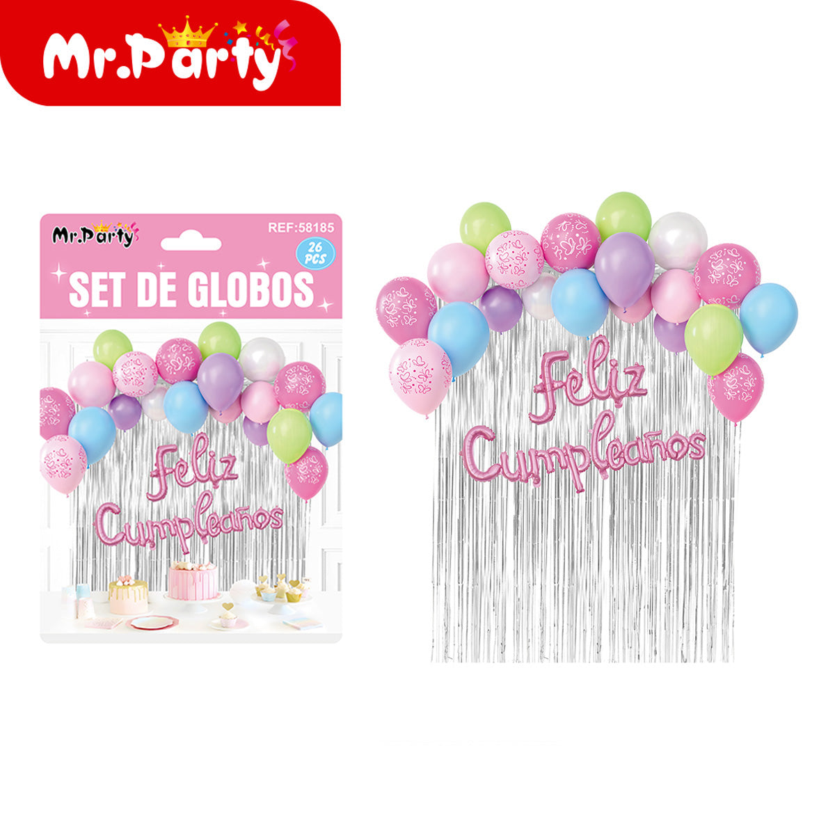Kit Decoración de Cumpleaños con Globos + Cortina Metalizada + “Feliz Cumpleaños” | Set de Globos Mr. Party- Mayoreo 6 pzas