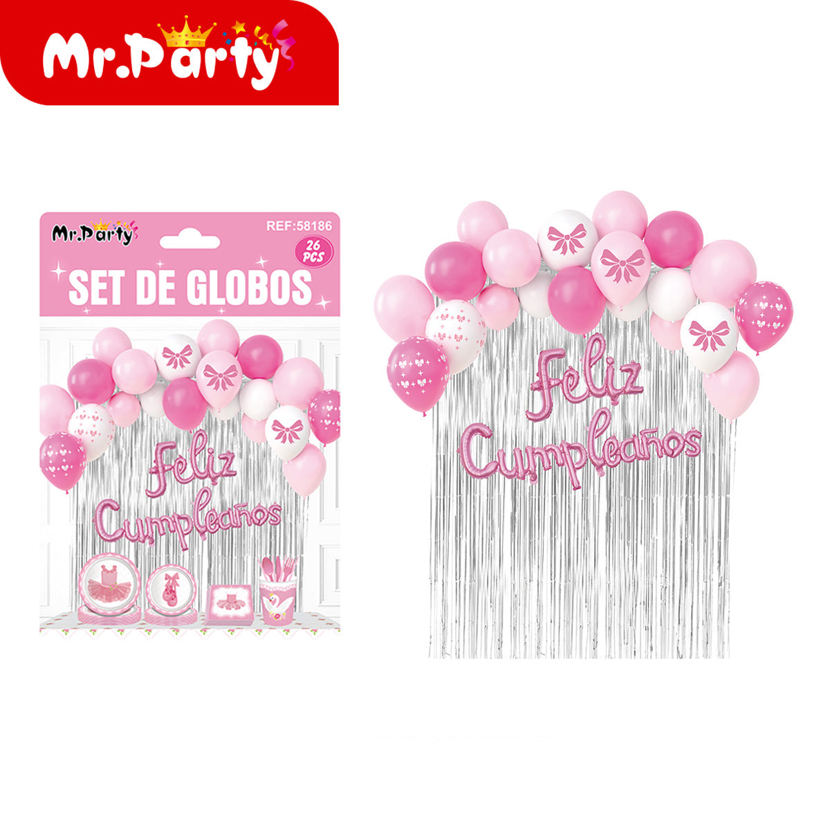 Kit Decoración de Cumpleaños con Globos + Cortina Metalizada + “Feliz Cumpleaños” | Set de Globos Mr. Party- Mayoreo 6 pzas