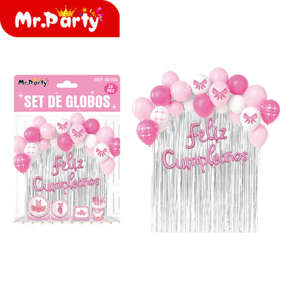 Kit Decoración de Cumpleaños con Globos + Cortina Metalizada + “Feliz Cumpleaños” | Set de Globos Mr. Party- Mayoreo 6 pzas