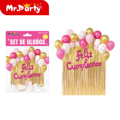 Kit Decoración de Cumpleaños con Globos + Cortina Metalizada + “Feliz Cumpleaños” | Set de Globos Mr. Party