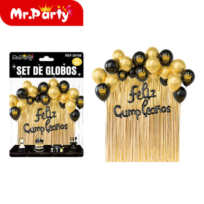 Kit Decoración de Cumpleaños con Globos + Cortina Metalizada + “Feliz Cumpleaños” | Set de Globos Mr. Party