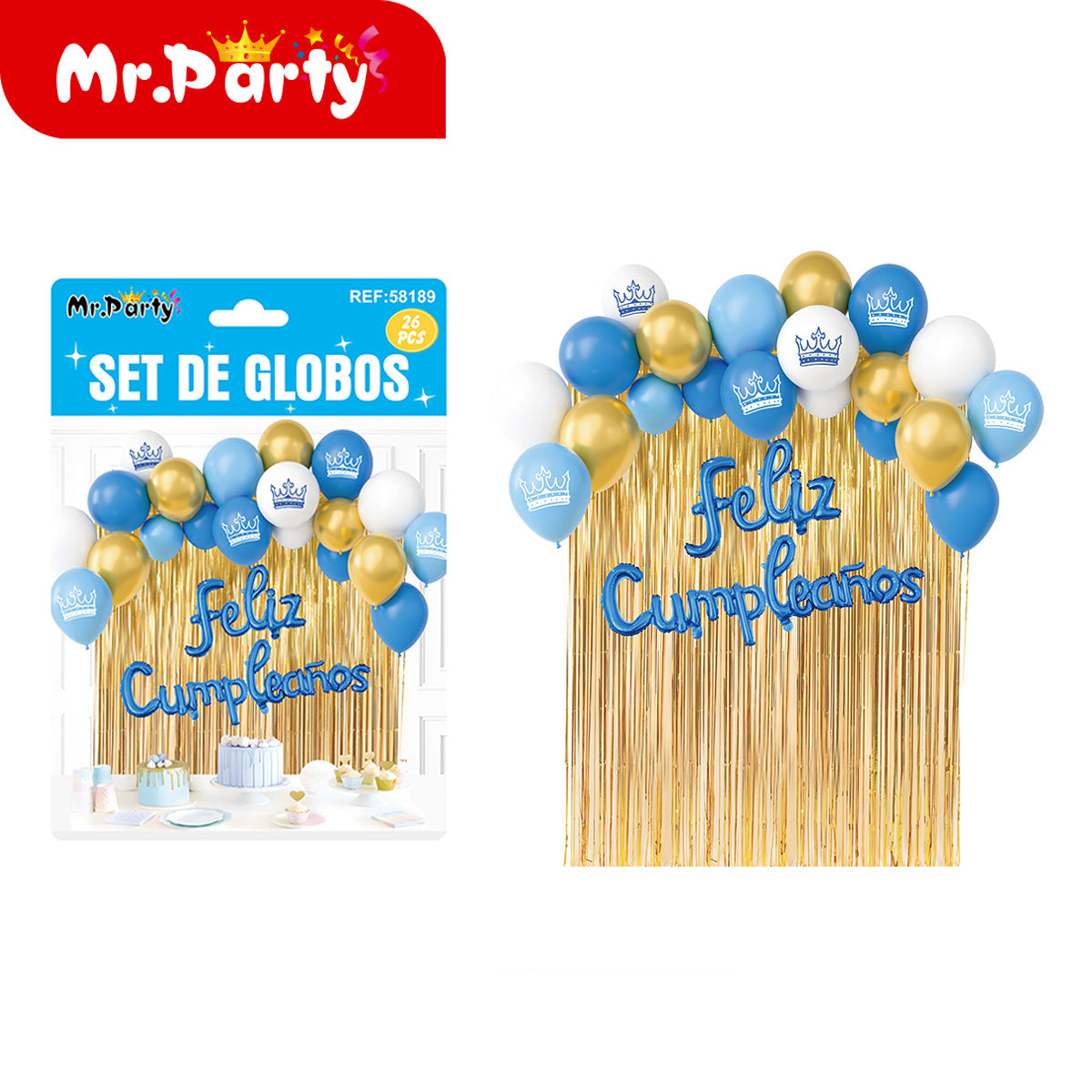 Kit Decoración de Cumpleaños con Globos + Cortina Metalizada + “Feliz Cumpleaños” | Set de Globos Mr. Party